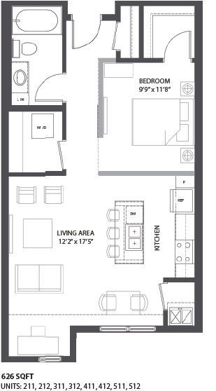 Floor plan for 1 bed, 1 bath, 726 sqft